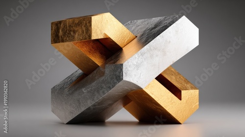 Wallpaper Mural Monolithic interlocked gold and silver sculpture showcasing balance and mass, bold geometric form with contrasting finishes, studio lighting casting deep shadows and soft highlights, ideal for design, Torontodigital.ca