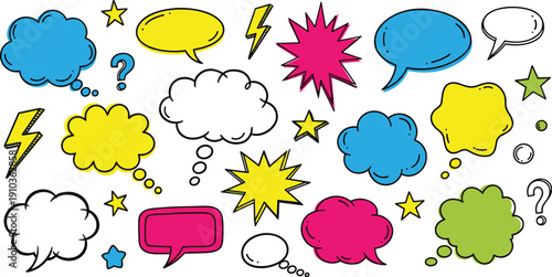 A vibrant collection of handdrawn speech bubbles and comic elements isolated on white background, perfect for adding a playful touch to your designs and projects