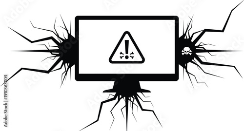 Vector illustration of a computer monitor infected with a dangerous malware virus showing a warning alert.