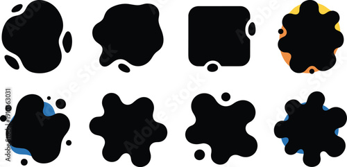 Collection of eight abstract black blobs with different shapes isolated on white background, perfect for adding a unique touch to your designs and projects