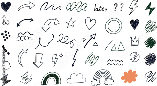 Hand drawn doodle elements isolated on white background set of simple sketch line drawing shapes, arrows, hearts, stars, lightning, crown, rainbow and cloud