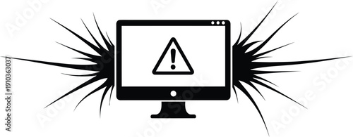 Vector icon of a computer monitor with a warning alert symbol and crash effect.
