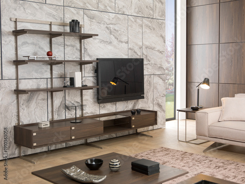 modern interior with stone wall decoration and special design lamp, sofa and parquet. decorative background for home, hotel, office
