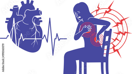 Heart Attack Symptoms Illustration, Woman Feeling Chest And Back Pain, Heartbeat Pulse Line Background, Vector Health Care Medical Concept Design