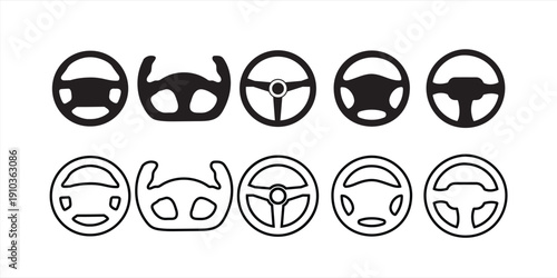 Steering Wheel Icon Set in Solid and Outline Style