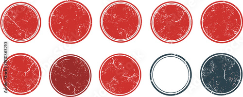 Ten distressed red and blue circle stamps are arranged in two rows, creating a visually appealing pattern isolated on white background