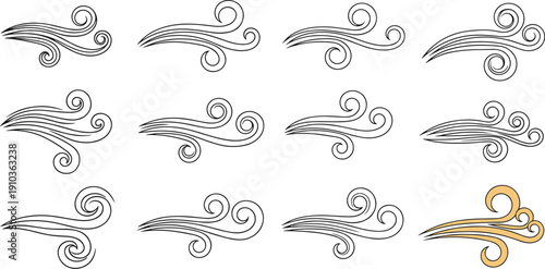 Set of twelve wind swirl illustrations, eleven in black and white and one in gold, isolated on white background for design elements and weather concepts