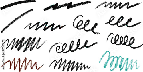 Handdrawn crayon scribble set isolated on white background collection of doodle strokes, lines, and swirls in various colors perfect for adding a playful touch to designs