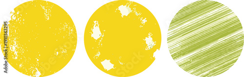 Three textured circles, two in yellow with a distressed look and one in green with a hatched pattern, isolated on white background