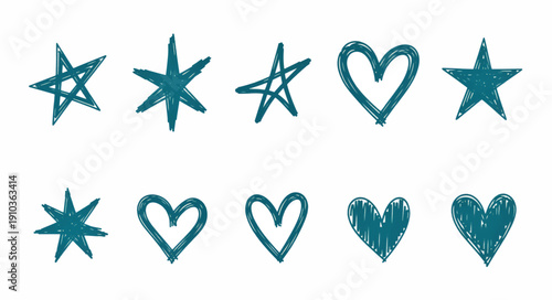 Scribbled hand-drawn star and heart icons. Imperfect sketchy vector illustration set. Dark teal organic design elements isolated on white
