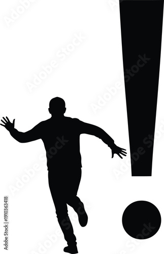Silhouette of a man running in panic from a large exclamation mark.