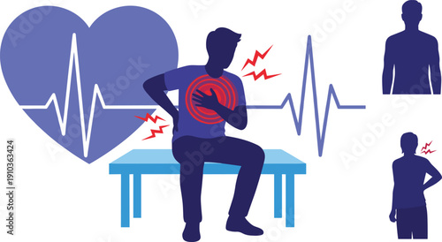 Man suffering from chest pain and backache, heart attack symptoms, chronic body ache, healthcare medical insurance vector illustration