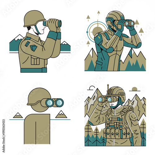 Soldier on lookout with binoculars illustration set. Military reconnaissance and surveillance vector graphics. Tactical infantry scouting concept isolated on white background