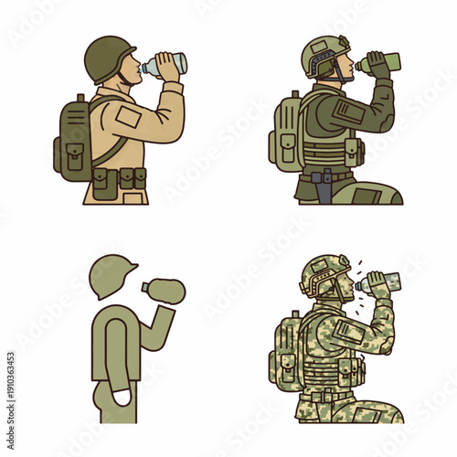 Soldier drinking from canteen icon set. Military hydration and survival vector illustration. Modern and vintage infantry graphics isolated on white background