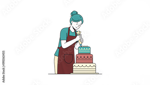 Woman decorating cake vector illustration. Pastry chef with piping bag flat design. Bakery and culinary concept isolated on white background