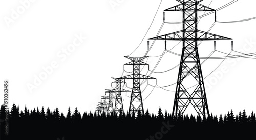 High voltage electricity transmission towers above forest silhouette, power lines stretching across sky in monochrome industrial energy landscape illustration