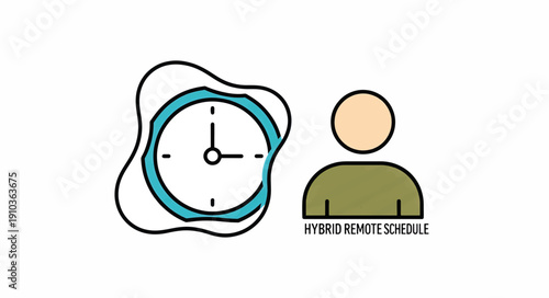 Hybrid remote schedule illustration. Flexible work time management concept with clock and person icons. Flat design vector