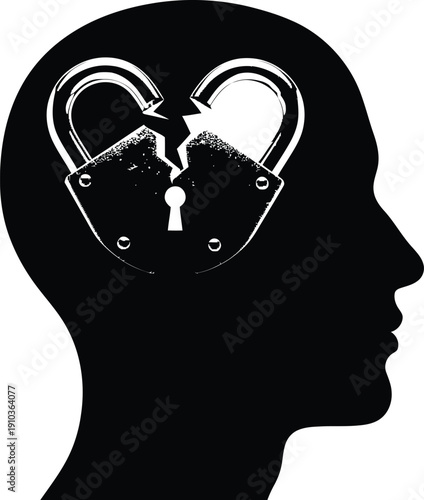 Human head silhouette with a broken heart shaped padlock inside.