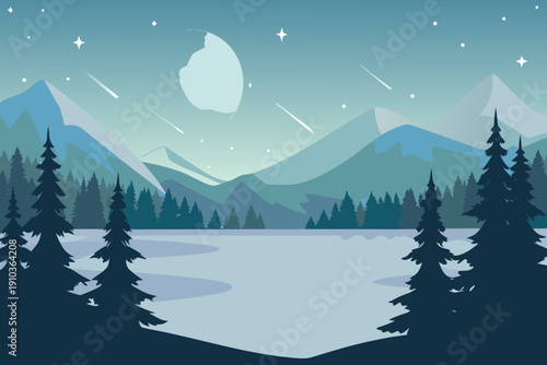 A serene nighttime landscape featuring mountains trees and a frozen lake