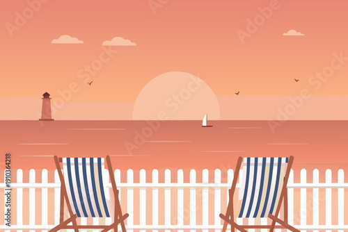 Serene coastal landscape with beach chairs lighthouse and a setting sun