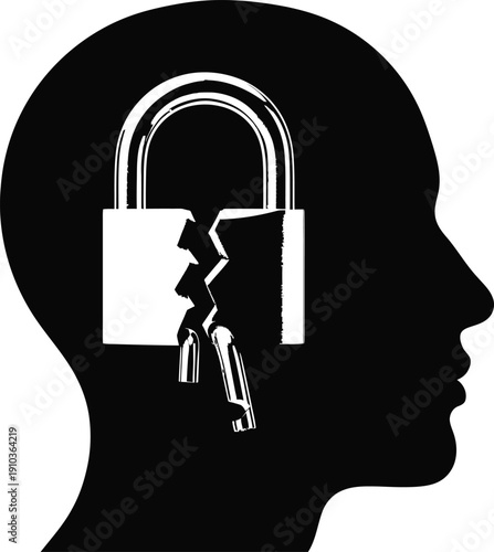 Conceptual illustration of unlocking the mind with a broken padlock.