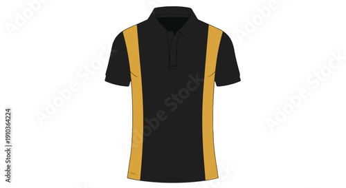 Black polo shirt with yellow stripes on a white background, short sleeves and collar visible.