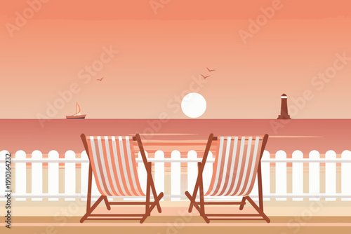 A peaceful beach scene with deck chairs and a sunset over the water