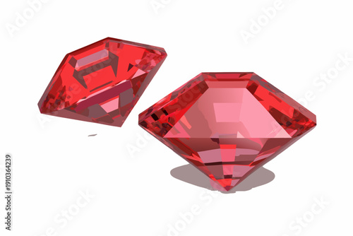 Two red gem stones with faceted cuts float against a white background