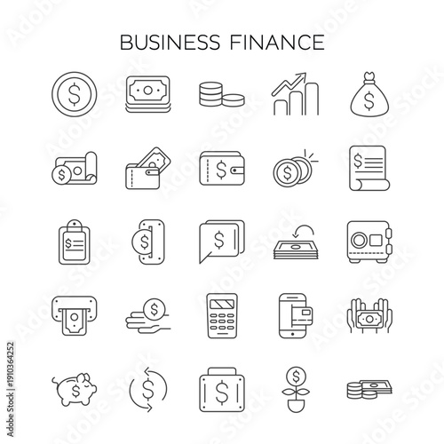 Vector business and finance editable stroke line icon set with money, bank, check, law, auction, exchance, payment, wallet, deposit, piggy, calculator, web and more isolated outline thin symbol