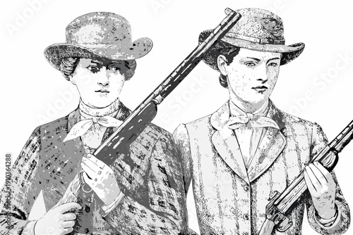 Vintage illustration of two people with shotguns and hats