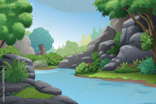 A vibrant cartoon landscape featuring a flowing river and lush greenery