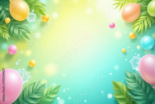 Bright tropical border with balloons green leaves water splashes and soft light effects