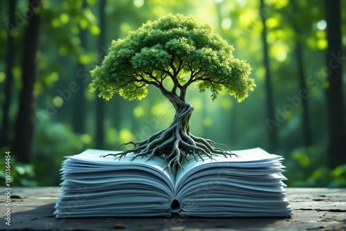 A small green tree with extensive roots grows upward from an open book in a forest