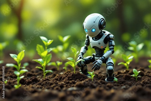 Small white robot tending to bright green plant seedlings growing in dark soil