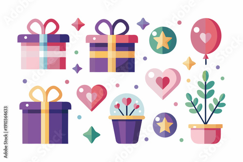 Colorful celebration elements including gifts hearts and a potted plant