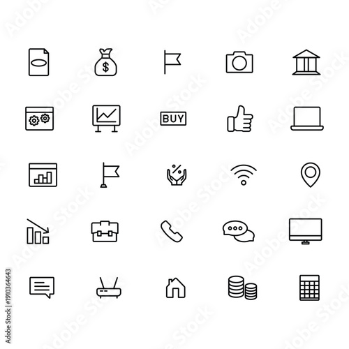 Vector business and finance editable stroke line icon set with money, bank, check, law, auction, exchance, payment, wallet, deposit, piggy, calculator, web and more isolated outline thin symbol