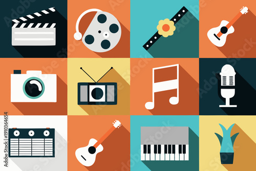 Colorful flat design icons representing various media and entertainment elements