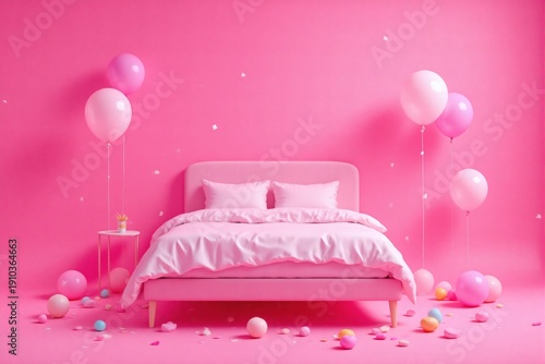 Bright pink bedroom setting with a matching bed balloons and scattered confetti 