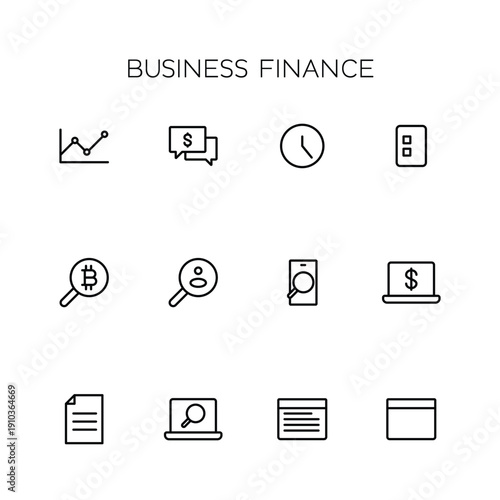 Vector business and finance editable stroke line icon set with money, bank, check, law, auction, exchance, payment, wallet, deposit, piggy, calculator, web and more isolated outline thin symbol