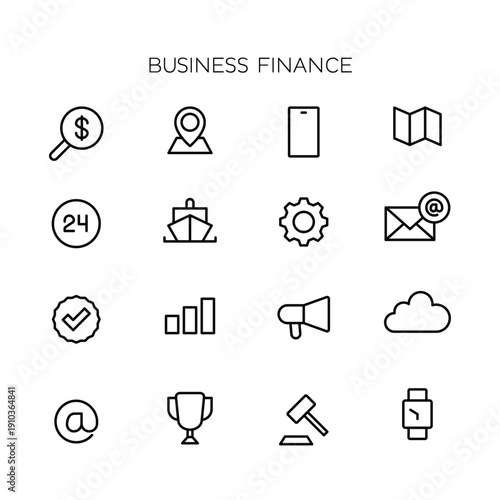 Vector business and finance editable stroke line icon set with money, bank, check, law, auction, exchance, payment, wallet, deposit, piggy, calculator, web and more isolated outline thin symbol