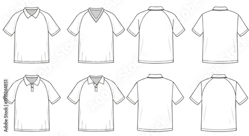Line drawings of eight different short-sleeved shirts in various styles on a white background in a flat lay composition.