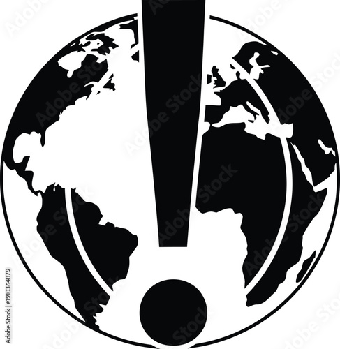 Planet Earth globe with a large exclamation mark icon.