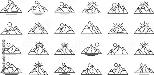 Mountain line icon collection with peak landscape, sun, ridge symbols, outdoor adventure nature logo, travel design elements