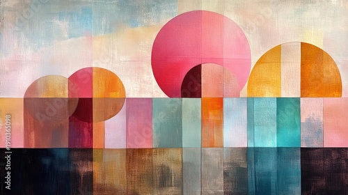 Three overlapping circular forms above a reflective grid of colored rectangles in a textured abstract geometric painting, evoking a serene and hopeful sunrise mood