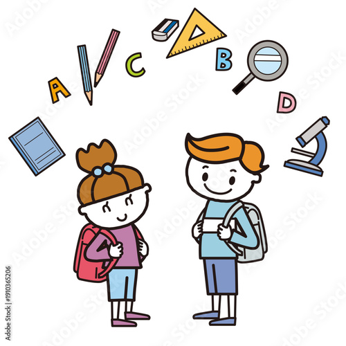 ランドセルを背負って学校で勉強する子供達