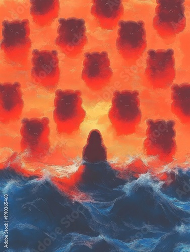 Silhouette on a stormy sea facing a sky of looming translucent bear heads at a glowing orange sunset, surreal and ominous mood