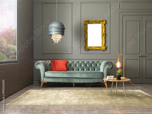 modern interior with stone wall decoration and special design lamp, sofa and parquet. decorative background for home, hotel, office