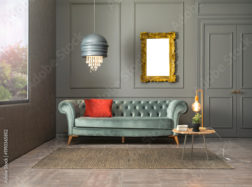 modern interior with stone wall decoration and special design lamp, sofa and parquet. decorative background for home, hotel, office