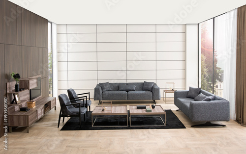 modern interior with stone wall decoration and special design lamp, sofa and parquet. decorative background for home, hotel, office
