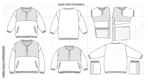 Technical drawings of various long-sleeved shirts with different views and components on a clean white background.